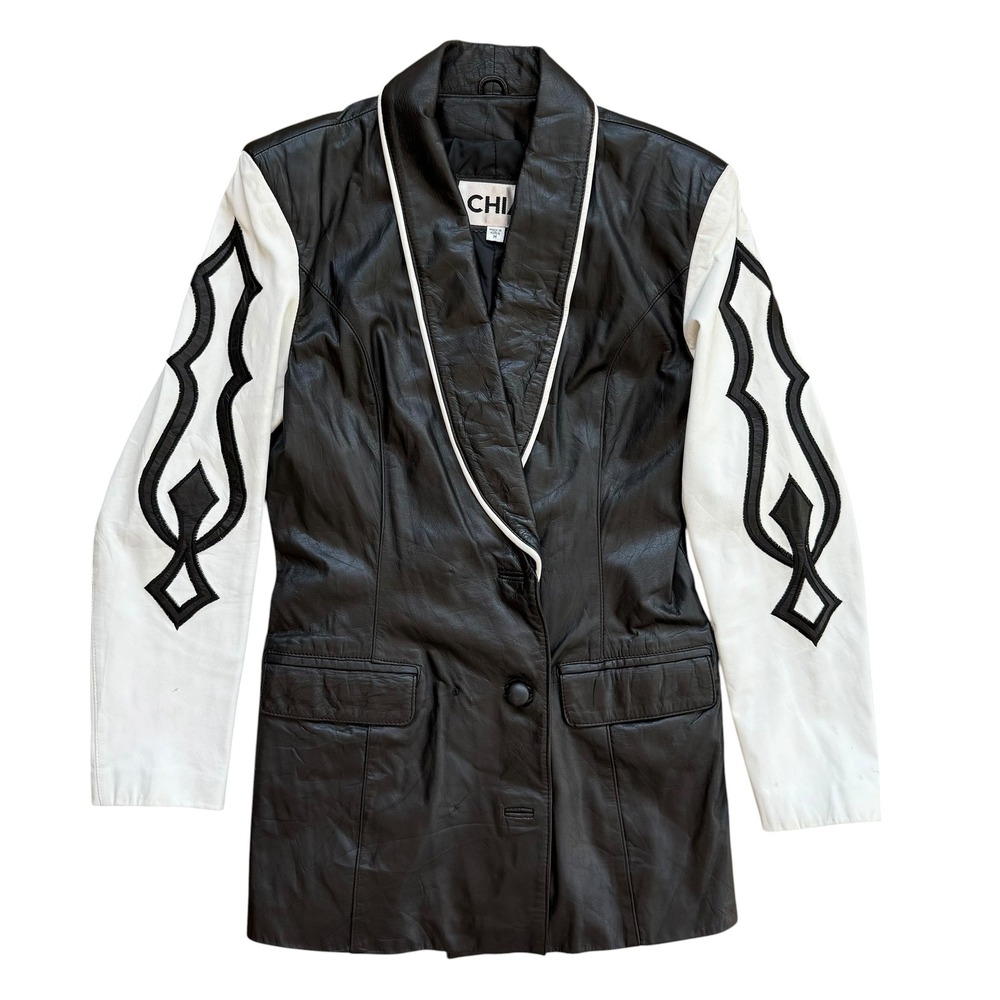 Chia Vintage Black White Leather Western Applique Blazer Jacket Womens Medium